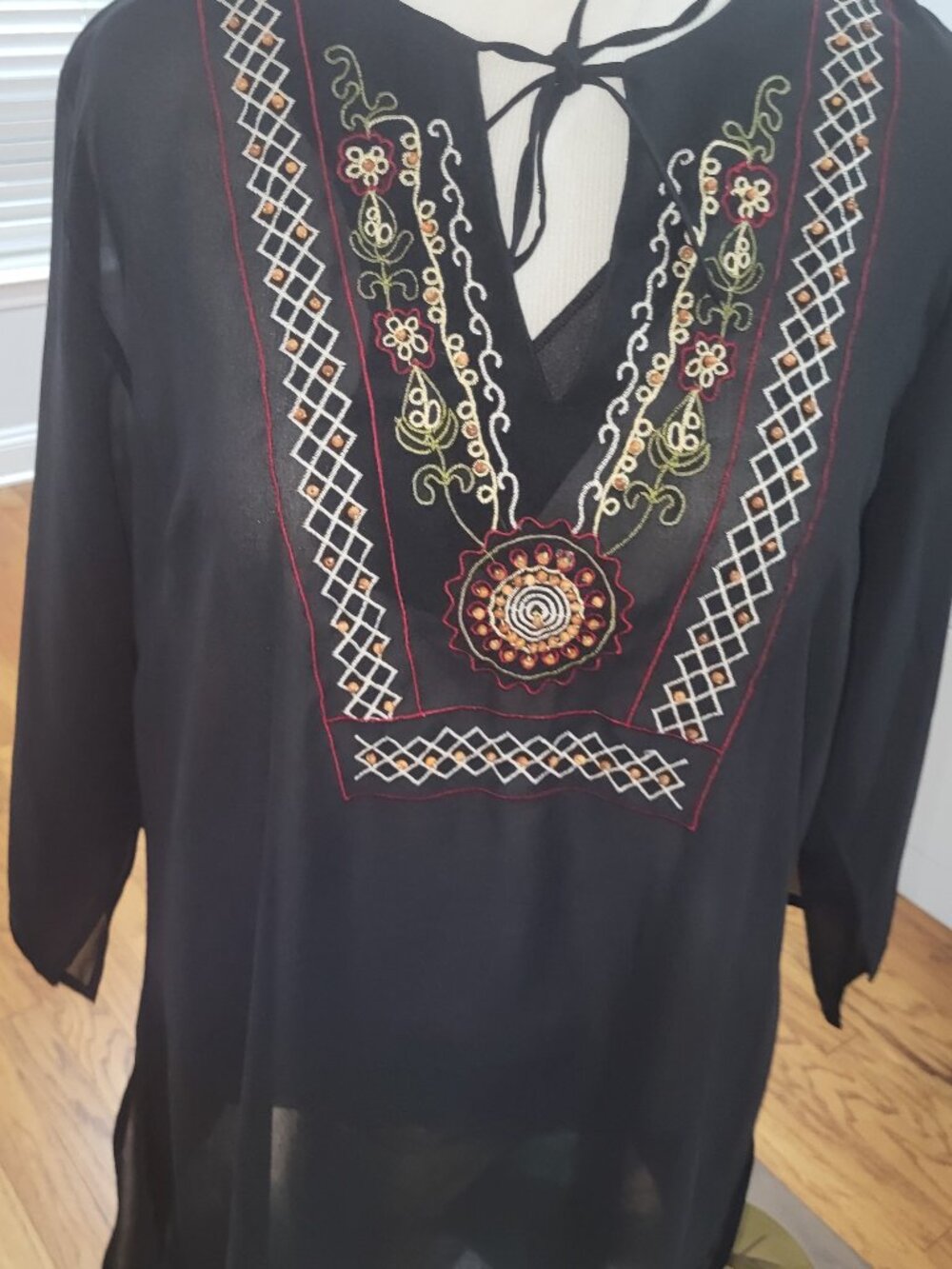 Embroidered V-Neck native Tunic sheer Blouse -Boho 3/4 Sleeve Luxury MILEAGE 2X